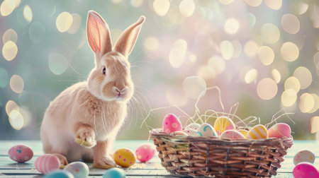 basket nestled between the long legs of a sitting pink rabbit, filled with vibrant Easter eggsの素材