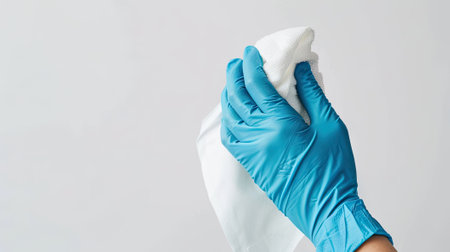 gloved hand in a medical glove holding a white washcloth on a white background.の素材