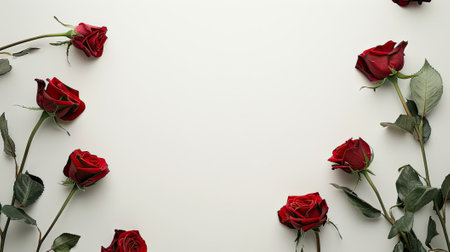 flat lay with red roses in the corners on a white background. Embrace a top view for a modern and stylish composition.の素材