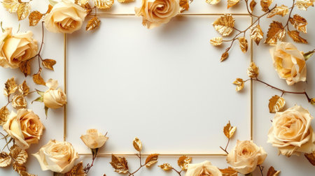 gold square frame adorned with delicate gold roses on a clean background.の素材