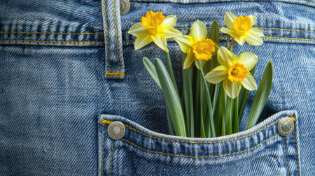 Showcase daffodils growing in a jeans pocket, blending floral fashion and botanical eleganceの素材