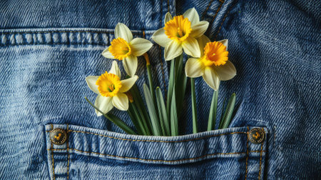 Showcase daffodils growing in a jeans pocket, blending floral fashion and botanical eleganceの素材