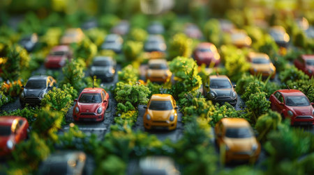 cars parked on lush grass, promoting eco-friendly transportation and sustainable living.の素材