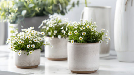 two cylindrical planters in a ceramic mug style, showing delicate white flowers.の素材