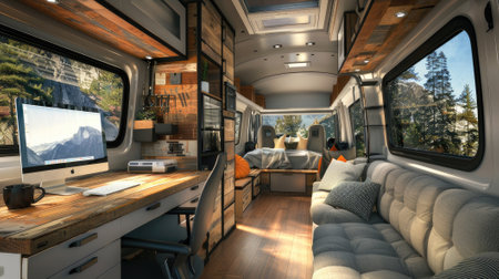 interior of a mobile home, fusing office and comfort.の素材