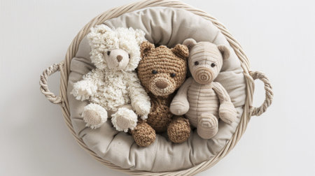 adorable soft toys in a round fabric basket, capturing the cozy charm from a top viewの素材