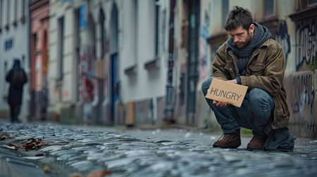 man with ragged clothes begs on a cobblestone street, holding a cardboard sign that reads 'HUNGRY,' highlighting the harsh reality of urban povertyの素材