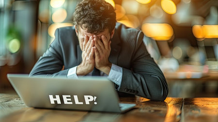 A businessman, head in hands in despair, with a 'HELP!' message on his laptop, symbolizing the pressures of modern businessの素材