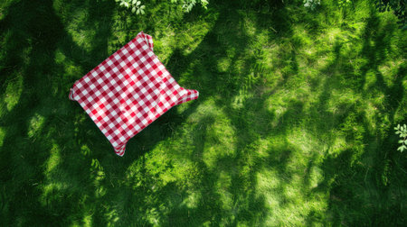 scene for outdoor bliss with our top view of a checkered picnic tablecloth on lush green grass. Ideal for summer picnics and celebrationsの素材