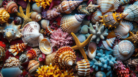 A diverse array of seashells, carefully collected from around the world, displayed against a backdrop of sandy shoresの素材