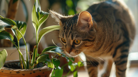 A mischievous cat peers curiously at a pot with a houseplant, creating a playful scene on a cozy carpetの素材