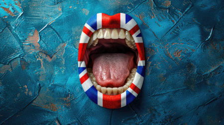 A concept image of learning English language, featuring an open mouth with the flag of England, symbolizing language acquisitionの素材