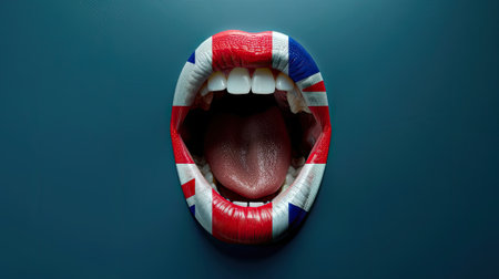 A concept image of learning English language, featuring an open mouth with the flag of England, symbolizing language acquisitionの素材