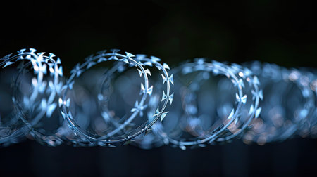 Industrial protection. Behold the sharpness of metal barbed wire on a black background, symbolizing the robust defense and security measures in place, a striking image of protection and safetyの素材