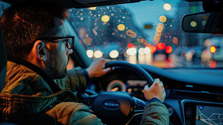 Man drives modern sedan on the road, symbolizing urban lifestyle and travel. Perfect for transportation or city-life themed content.の素材