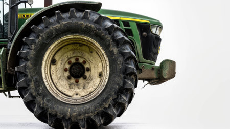 Iconic machinery: Frontal view of large tractor wheel on white background. Symbolizing agricultural progress, innovation, and reliability in farming equipment, evoking trust and quality.の素材