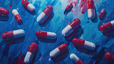 dynamic energy as capsules and tablets soar against a serene blue backdrop, symbolizing the power of modern healthcare.の素材