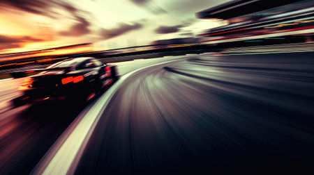 Speed spectacle! Blurred racetrack with starting or ending line captures the intensity of high-speed competition, thrilling spectators.の素材