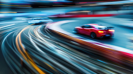 Speed spectacle! Blurred racetrack with starting or ending line captures the intensity of high-speed competition, thrilling spectators.の素材