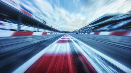 Speed spectacle! Blurred racetrack with starting or ending line captures the intensity of high-speed competition, thrilling spectators.の素材