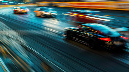 Speed spectacle! Blurred racetrack with starting or ending line captures the intensity of high-speed competition, thrilling spectators.の素材