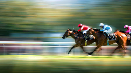 The finish line awaits! Blurred racetrack scene hints at the heart-pounding excitement as competitors vie for victory in a high-stakes race.の素材