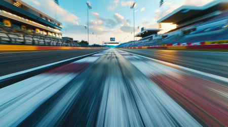 Speed spectacle! Blurred racetrack with starting or ending line captures the intensity of high-speed competition, thrilling spectators.の素材