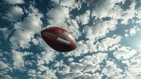 Low-angle shot shows the ball bouncing towards viewers, symbolizing the unpredictable nature of American football's intense battles.の素材