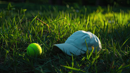 A lone cap rests beside a tennis ball on the grass, evoking solitude and lost aspirations in the serene outdoors.の素材