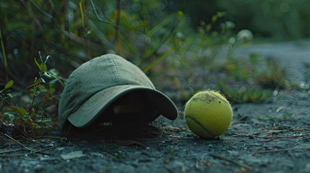 A lone cap rests beside a tennis ball on the grass, evoking solitude and lost aspirations in the serene outdoors.の素材