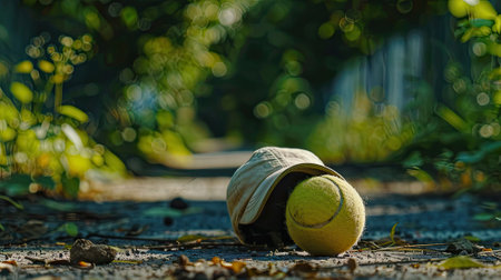 A lone cap rests beside a tennis ball on the grass, evoking solitude and lost aspirations in the serene outdoors.の素材