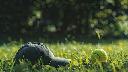 A lone cap rests beside a tennis ball on the grass, evoking solitude and lost aspirations in the serene outdoors.の素材