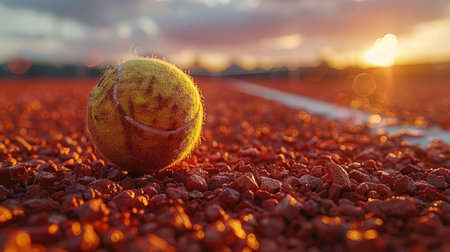 Close-up captures the tennis ball's vibrant contrast on red clay, embodying the intensity and precision of the game.の素材