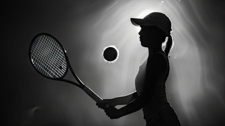 Future champion in silhouette! Backlighting accentuates a young tennis player's potential, evoking inspiration and awesome in sports photography.の素材
