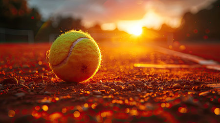 Close-up captures the tennis ball's vibrant contrast on red clay, embodying the intensity and precision of the game.の素材