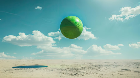 Sunny weather illuminates a green ball mid-air, promising an exhilarating serve and intense gameplay on the tennis court.の素材