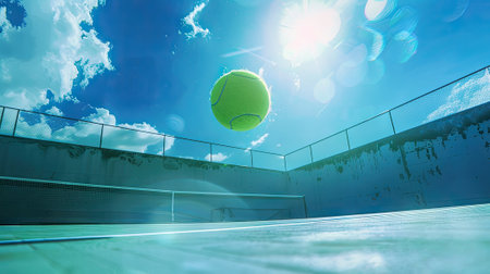 Sunny weather illuminates a green ball mid-air, promising an exhilarating serve and intense gameplay on the tennis court.の素材