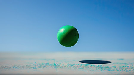 Sunny weather illuminates a green ball mid-air, promising an exhilarating serve and intense gameplay on the tennis court.の素材