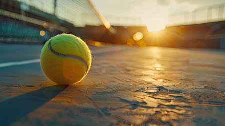 Sunny weather illuminates a green ball mid-air, promising an exhilarating serve and intense gameplay on the tennis court.の素材