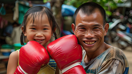 An 10-year-old girl and 25-year-old man, both Chinese, share smiles in boxing gloves, symbolizing strength and solidarity.の素材