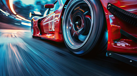 Closeup captures the spinning wheel as the race car tackles the corner, showcasing the adrenaline-fueled action.の素材