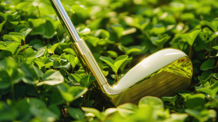 Dynamic view captures the golfer's triumphant putt amidst scenic greenery and blue skies.の素材