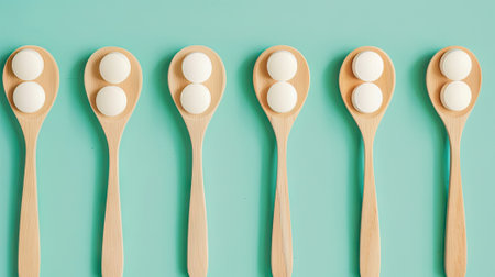 Elevate your wellness journey with wooden teaspoons holding healthy supplements against a soothing pastel blue background. Experience the tranquility of holistic nutritionの素材