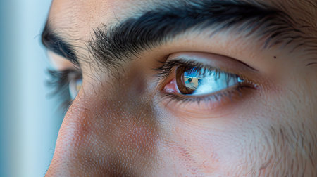 eyes of a young man, his furrowed brows betraying his worry about hair loss. Amidst indoor settingsの素材