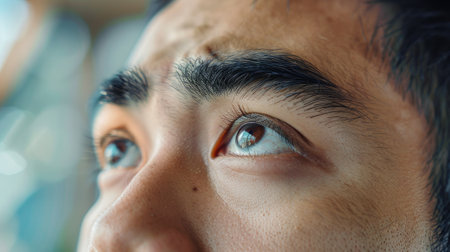 eyes of a young man, his furrowed brows betraying his worry about hair loss. Amidst indoor settingsの素材