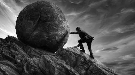 Witness the determination of a businessman pushing a colossal stone uphill, symbolizing the unwavering perseverance needed to overcome corporate challenges.の素材