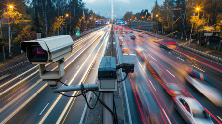 On the Ring Road, a speed camera monitors traffic, enforcing safety measures for highway compliance. Invest in road safety.の素材