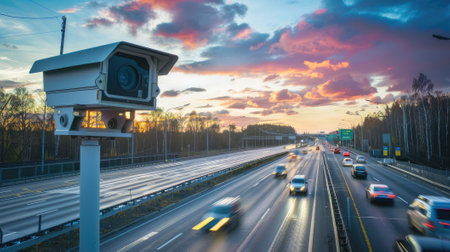 On the Ring Road, a speed camera monitors traffic, enforcing safety measures for highway compliance. Invest in road safety.の素材