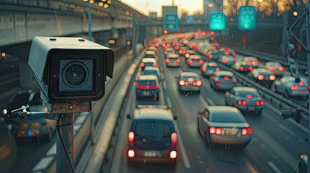 On the Ring Road, a speed camera monitors traffic, enforcing safety measures for highway compliance. Invest in road safety.の素材