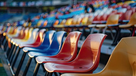 Rows of plastic chairs await passionate fans at the sport stadium, anticipating the thrill of competition. Invest in the excitement of live sports.の素材